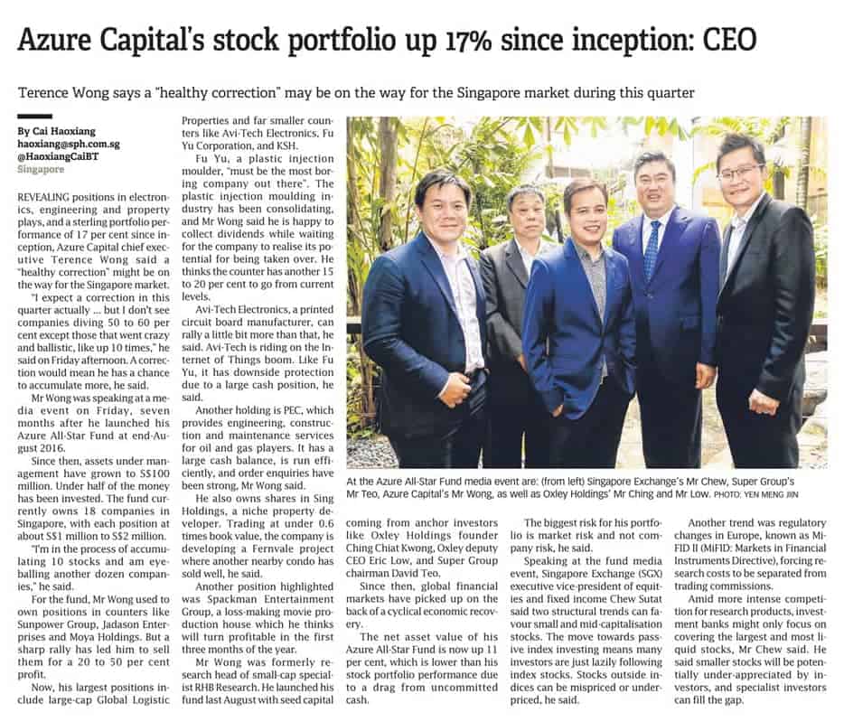 Azure Capital Fund Management Singapore Private Debt Fund Singapore Hedge Funds Newpaper Media Coverage