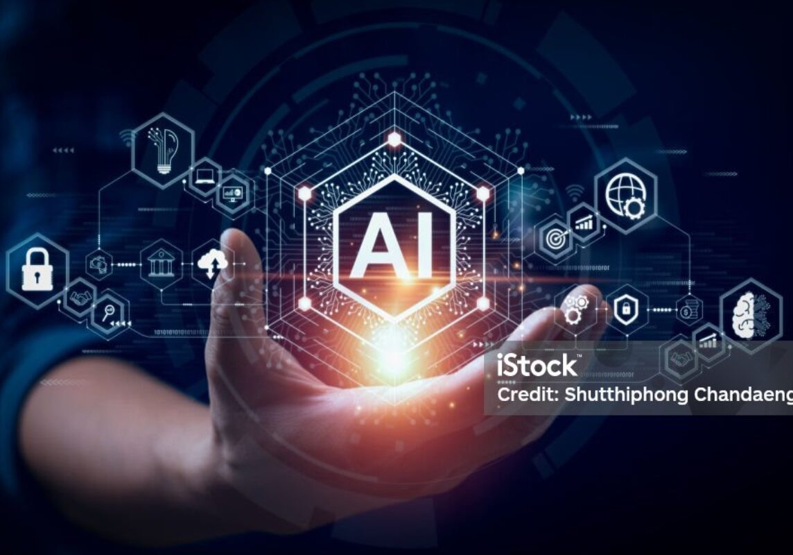 Businessman touching the brain working of Artificial Intelligence (AI) 
Automation, Predictive analytics, Customer service AI-powered chatbot, analyze customer data, business and technolog